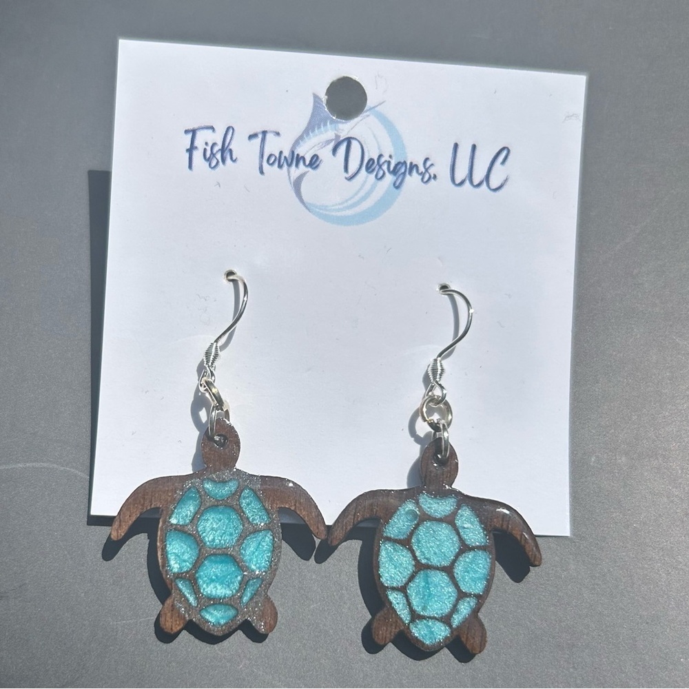 Turtle Earrings in Aqua and Brown